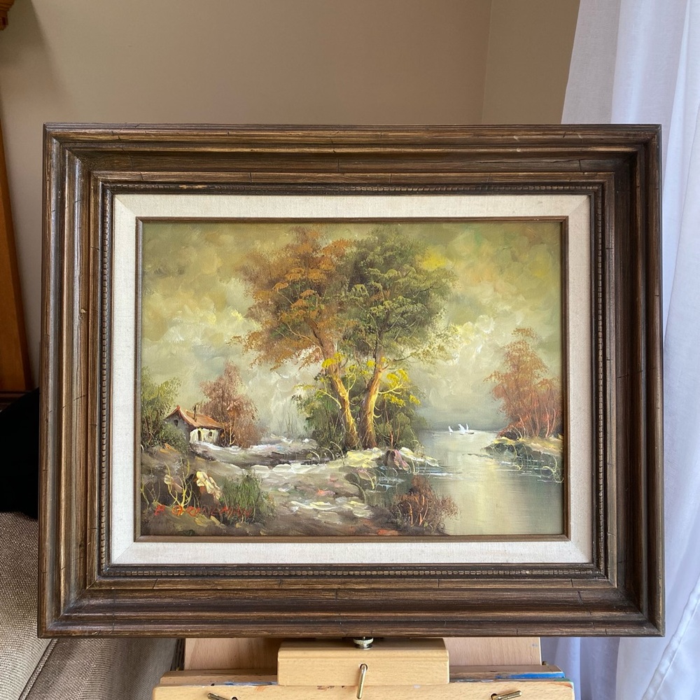 Vintage Rustic Village Oil Painting of a Summer Scene in Wooden Frame